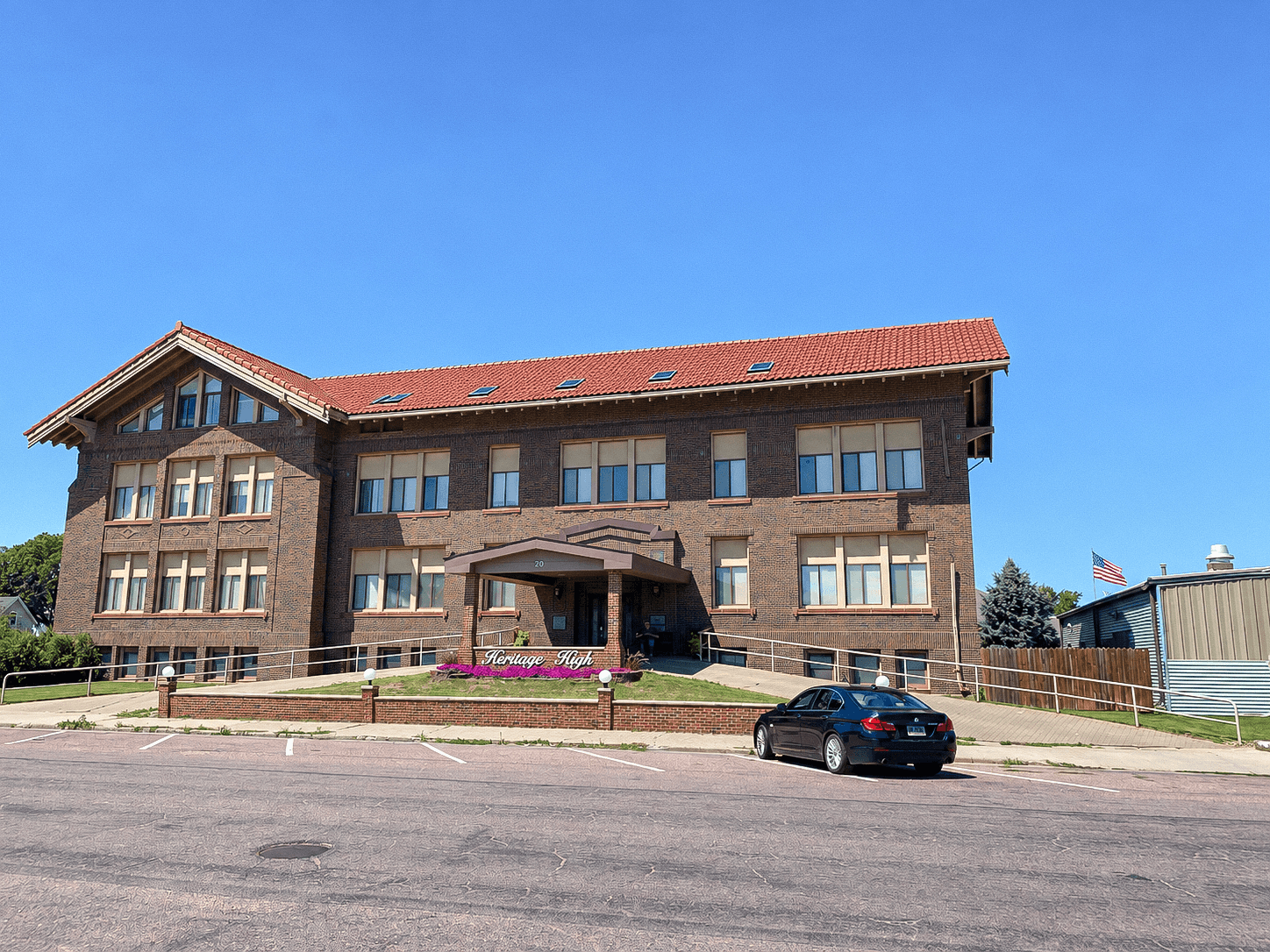 Front exterior of Heritage High Apartments in Madison, South Dakota